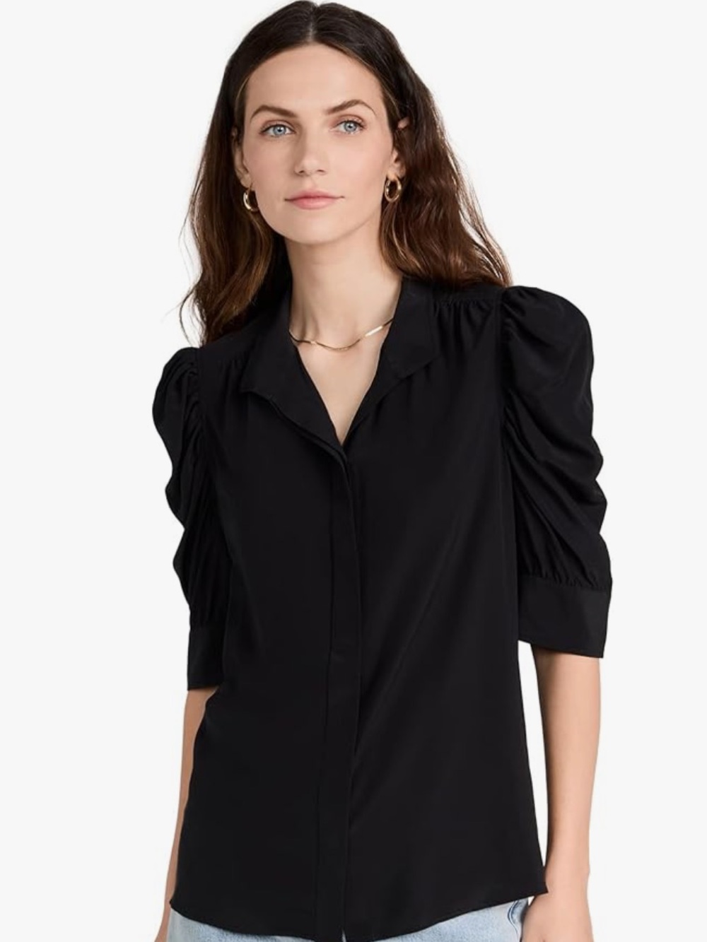 Frame Denim Black Gillian Puff-Sleeve Button-Front Blouse